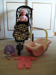 Baby Born Doll,  baby Annabel car seat,  Mams & Papas double pram